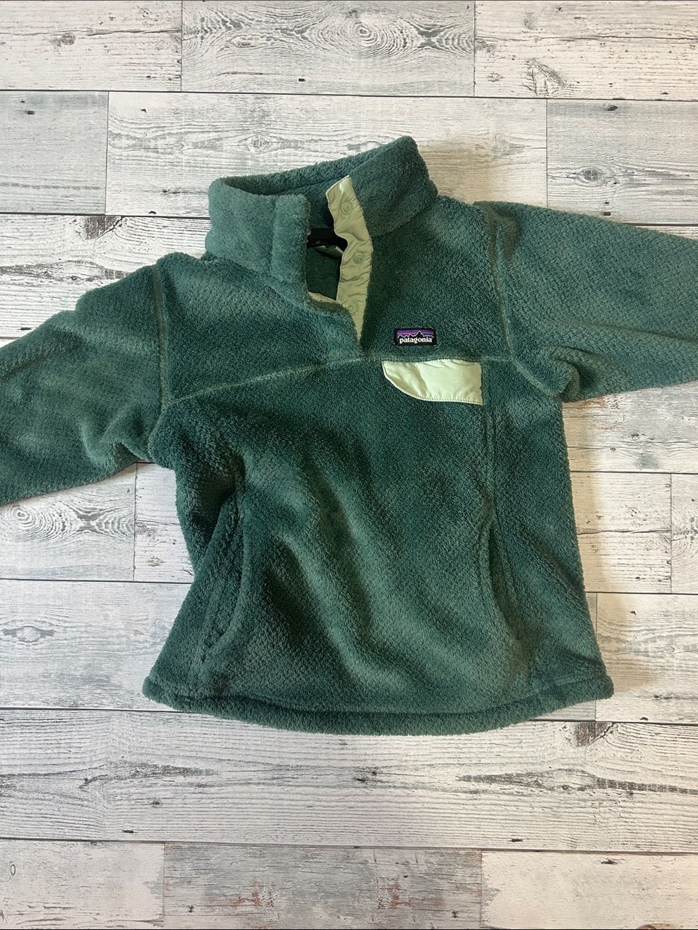 Patagonia Kids Dark Green Fleece Pullover with Light Green Trim